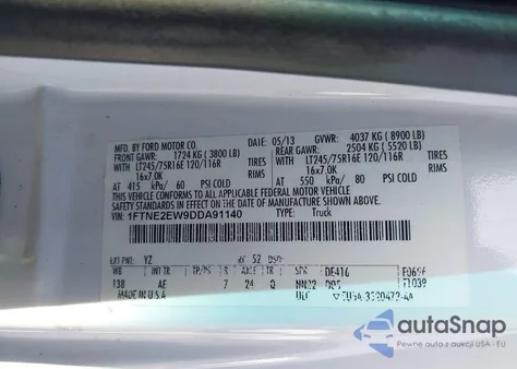 2013 Ford E-250 Commercial из США, поврежденный, VIN 1FTNE2EW9DDA91140